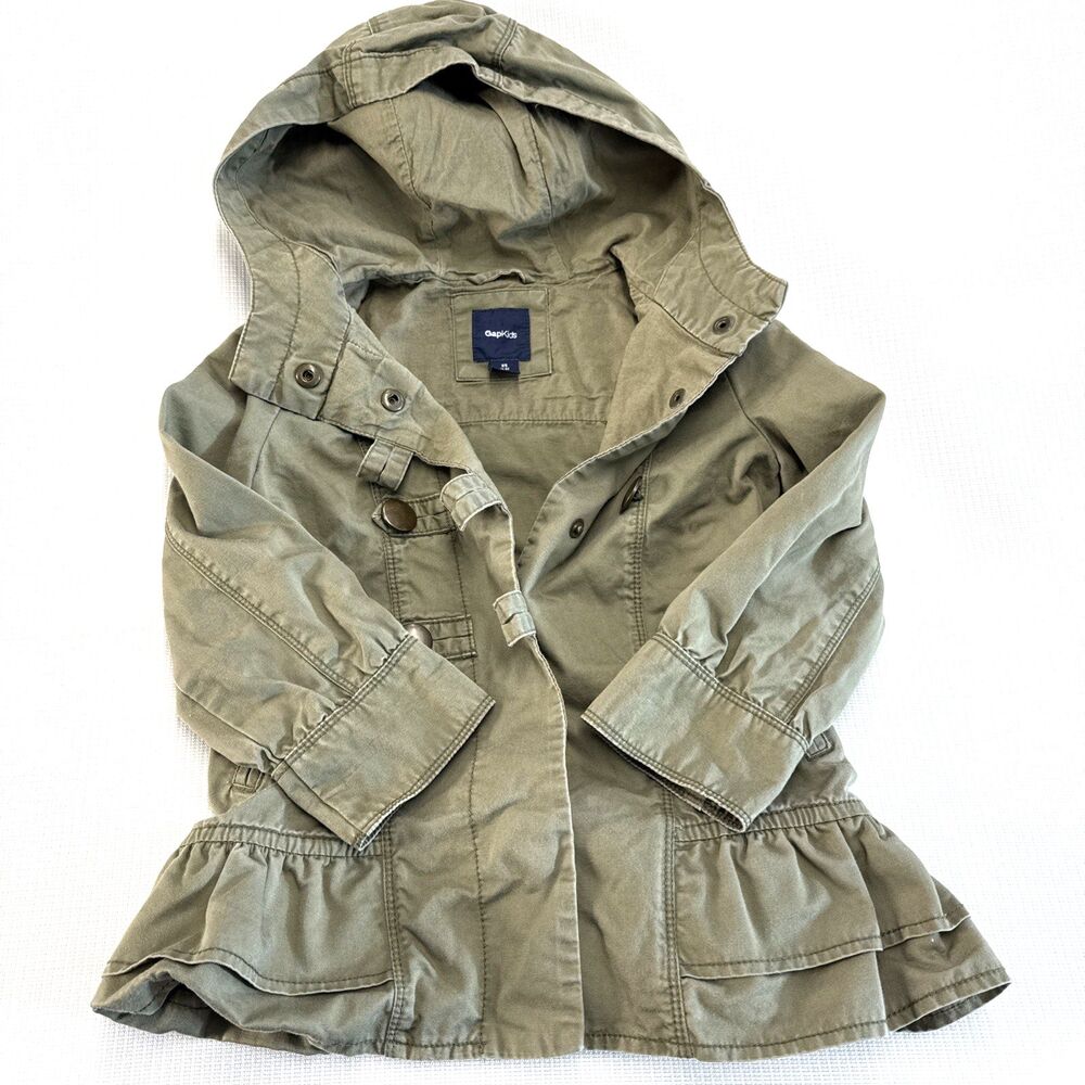 Gap Peacoat Jacket, Army Green, Button Up, Long Sleeve, Ruffle Bottom - XS (4-5)